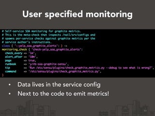 User specified monitoring 
53 
• Data lives in the service config 
• Next to the code to emit metrics! 
 