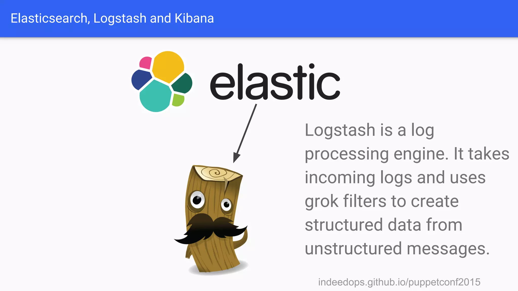 indeedops.github.io/puppetconf2015indeedops.github.io/puppetconf2015
Elasticsearch, Logstash and Kibana
Logstash is a log
processing engine. It takes
incoming logs and uses
grok filters to create
structured data from
unstructured messages.
 