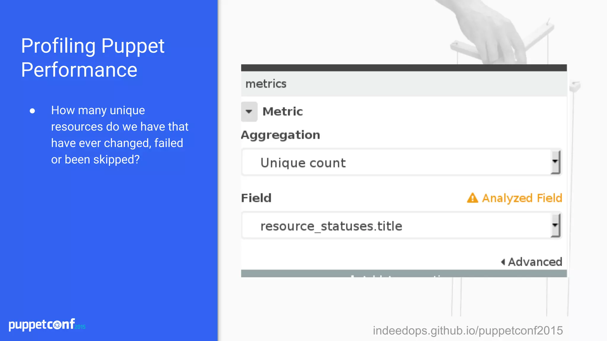 indeedops.github.io/puppetconf2015indeedops.github.io/puppetconf2015
Profiling Puppet
Performance
● How many unique
resources do we have that
have ever changed, failed
or been skipped?
 