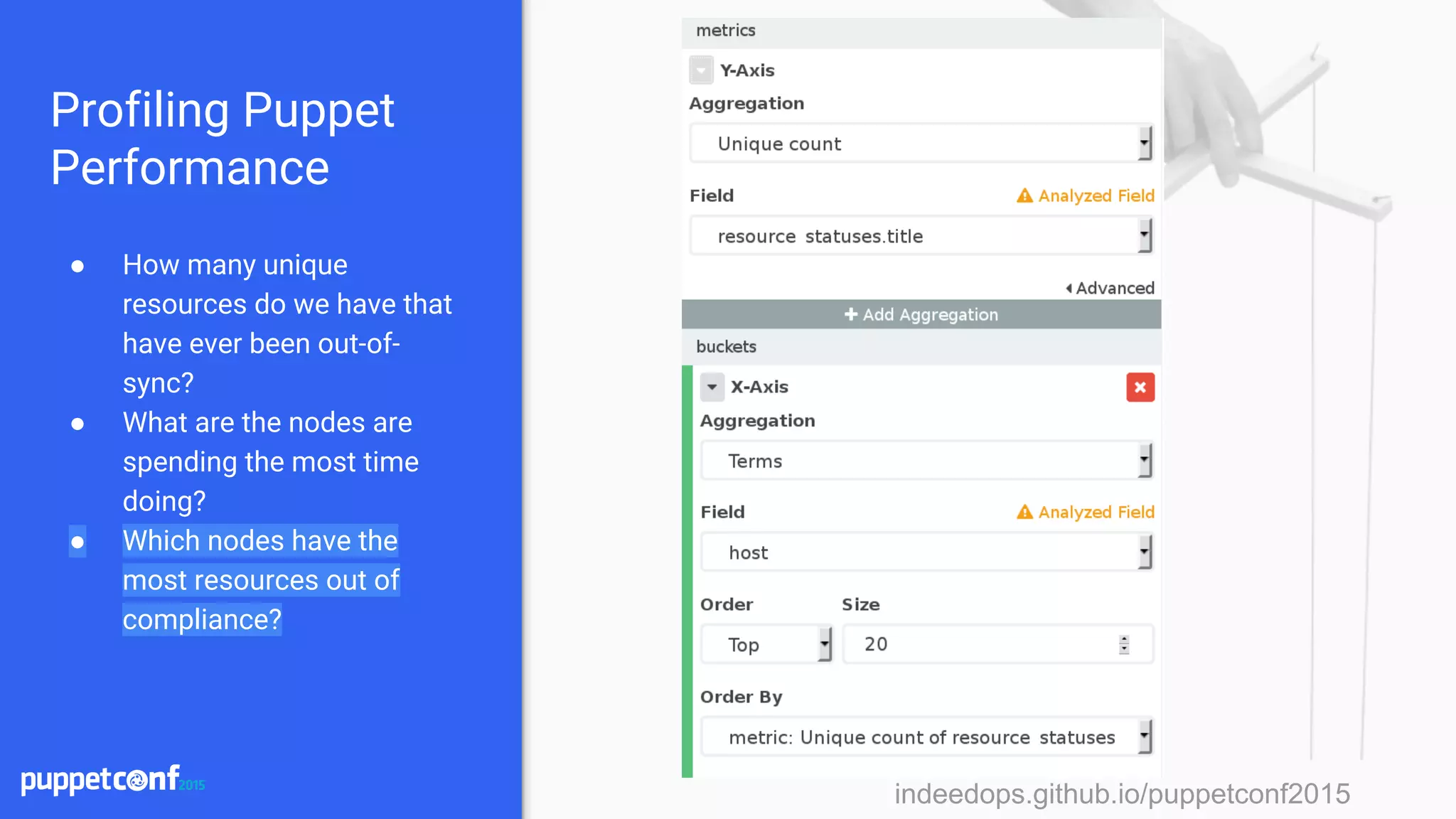 indeedops.github.io/puppetconf2015indeedops.github.io/puppetconf2015
Profiling Puppet
Performance
● How many unique
resources do we have that
have ever been out-of-
sync?
● What are the nodes are
spending the most time
doing?
● Which nodes have the
most resources out of
compliance?
 