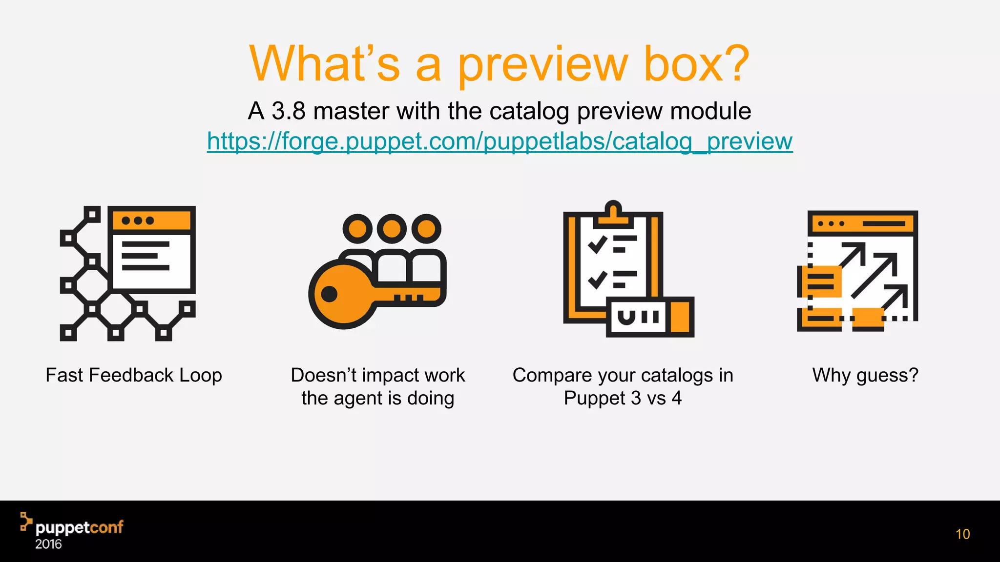Fast Feedback Loop Doesn’t impact work
the agent is doing
Compare your catalogs in
Puppet 3 vs 4
Why guess?
A 3.8 master with the catalog preview module
https://forge.puppet.com/puppetlabs/catalog_preview
10
What’s a preview box?
 