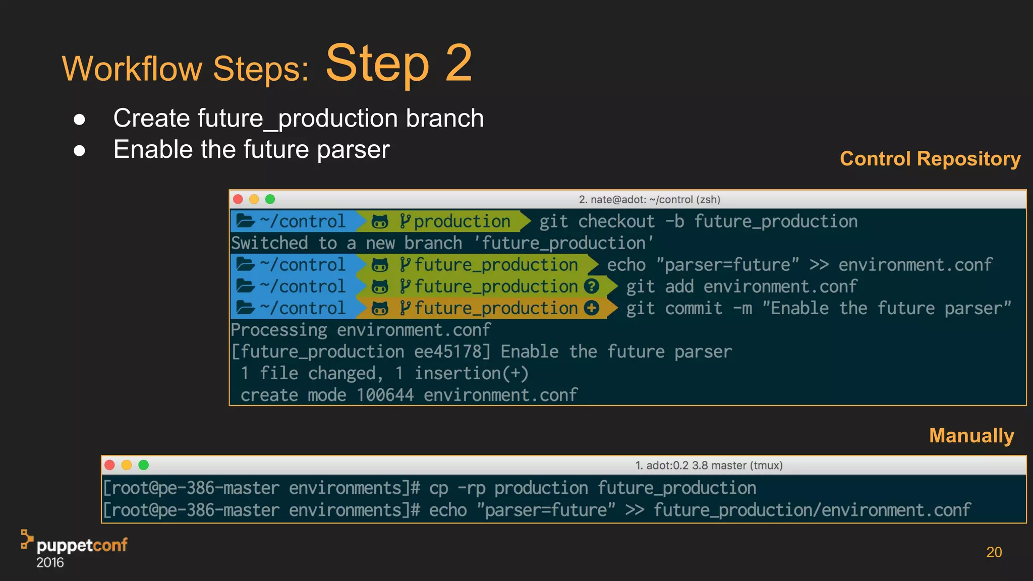 Workflow Steps: Step 2
● Create future_production branch
● Enable the future parser
20
Manually
Control Repository
 