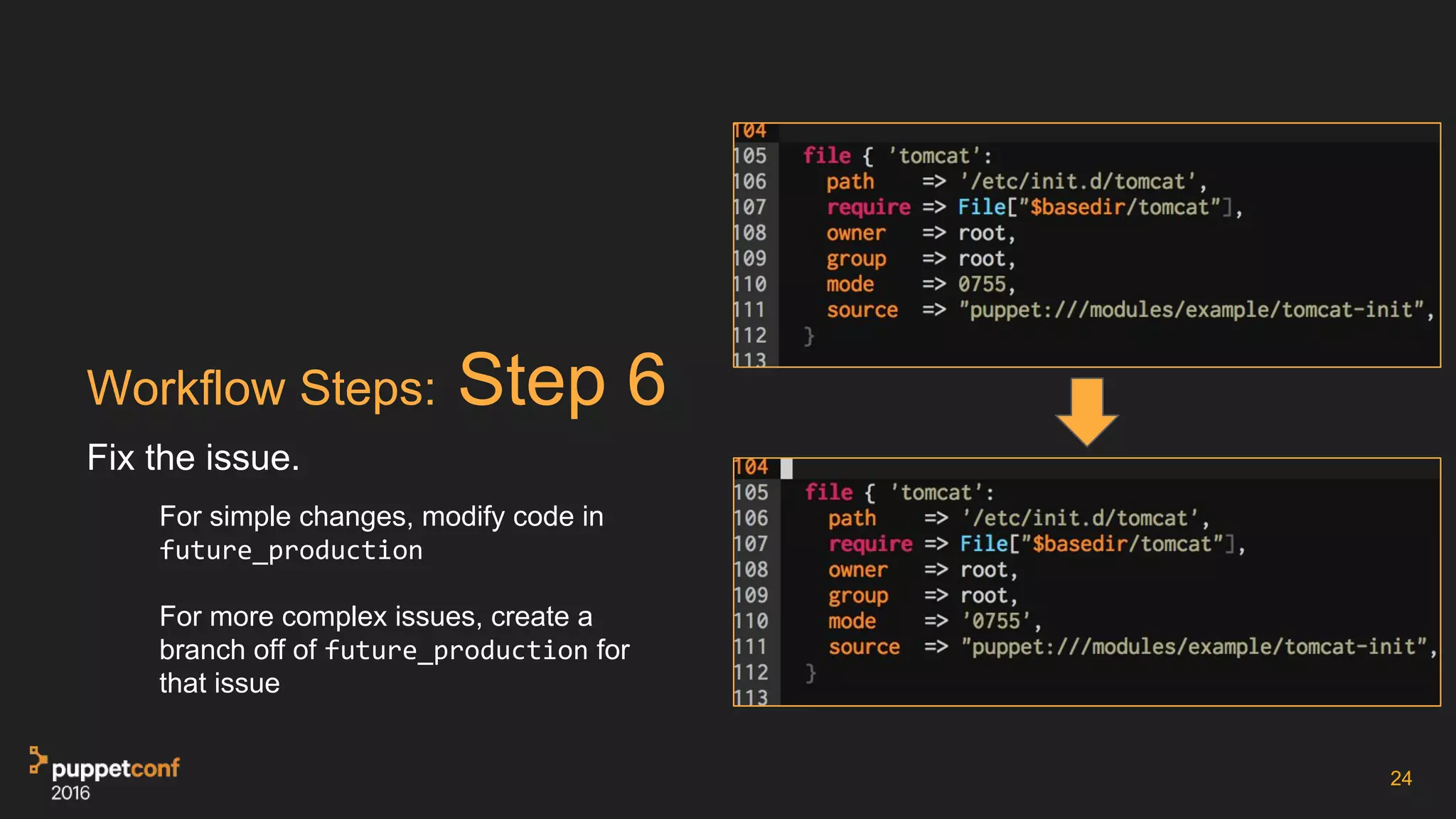 Workflow Steps: Step 6
Fix the issue.
For simple changes, modify code in
future_production
For more complex issues, create a
branch off of future_production for
that issue
24
 