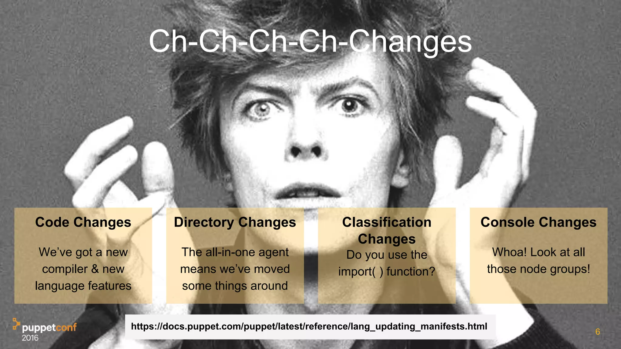 6
Ch-Ch-Ch-Ch-Changes
Code Changes
We’ve got a new
compiler & new
language features
Directory Changes
The all-in-one agent
means we’ve moved
some things around
Classification
Changes
Do you use the
import( ) function?
Console Changes
Whoa! Look at all
those node groups!
https://docs.puppet.com/puppet/latest/reference/lang_updating_manifests.html
 
