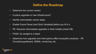 Define the Roadmap
• Determine the current version
• In-place upgrades or new infrastructure?
• Identify intermediate vers...