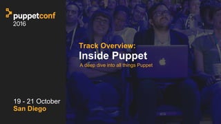 t
Track Overview:
Inside Puppet
A deep dive into all things Puppet
19 - 21 October
San Diego
 