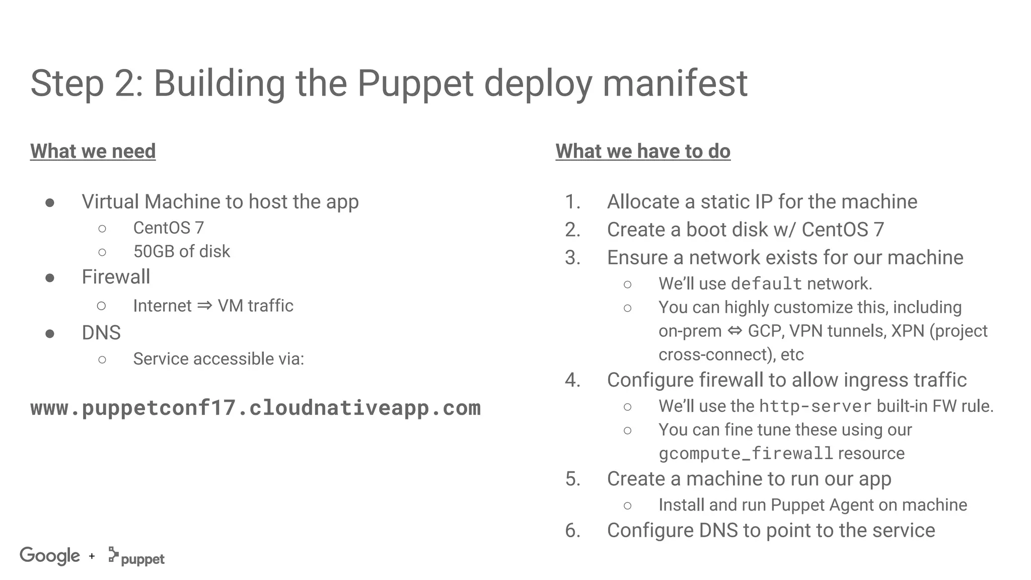 +
Step 2: Building the Puppet deploy manifest
What we need
● Virtual Machine to host the app
○ CentOS 7
○ 50GB of disk
● Firewall
○ Internet ⇒ VM traffic
● DNS
○ Service accessible via:
www.puppetconf17.cloudnativeapp.com
What we have to do
1. Allocate a static IP for the machine
2. Create a boot disk w/ CentOS 7
3. Ensure a network exists for our machine
○ We’ll use default network.
○ You can highly customize this, including
on-prem ⇔ GCP, VPN tunnels, XPN (project
cross-connect), etc
4. Configure firewall to allow ingress traffic
○ We’ll use the http-server built-in FW rule.
○ You can fine tune these using our
gcompute_firewall resource
5. Create a machine to run our app
○ Install and run Puppet Agent on machine
6. Configure DNS to point to the service
 