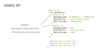 EXAMPLE: NTP
Problems
Only supports Solaris and RedHat
~70% of this class is devoted to data
class ntp {
case $osfamily {
'Solaris': {
$package_name = ['SUNWntpr', 'SUNWntpu']
$config_file = '/etc/inet/ntp.conf'
$service_name = 'network/ntp'
}
'RedHat': {
$package_name = 'ntp'
$config_file = '/etc/ntp.conf'
$service_name = 'ntpd'
}
}
class { 'ntp::install': } ->
class { 'ntp::config': } ~>
class { 'ntp::service': }
}
 