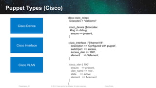 © 2013 Cisco and/or its affiliates. All rights reserved.Presentation_ID Cisco Public
Puppet Types (Cisco)
class cisco_onep {
$ciscodev = "testdemo"
cisco_device {$ciscodev:
#log => debug,
ensure => present,
}
cisco_interface { 'Ethernet1/8':
description => 'Configured with puppet',
switchport => access,
access_vlan => 1001,
element => $element,
}
cisco_vlan { 1001:
ensure => present,
vlan_name => 'red',
state => active,
element => $element,
}
}
Cisco Device
Cisco Interface
Cisco VLAN
 