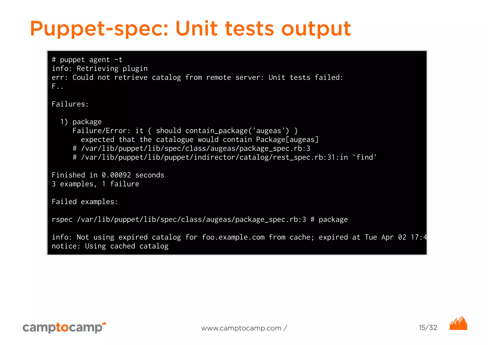 Puppet-spec: Unit tests output 
# puppet agent -t 
info: Retrieving plugin 
err: Could not retrieve catalog from remote server: Unit tests failed: 
F.. 
Failures: 
1) package 
Failure/Error: it { should contain_package('augeas') } 
expected that the catalogue would contain Package[augeas] 
# /var/lib/puppet/lib/spec/class/augeas/package_spec.rb:3 
# /var/lib/puppet/lib/puppet/indirector/catalog/rest_spec.rb:31:in `find' 
Finished in 0.00092 seconds 
3 examples, 1 failure 
Failed examples: 
rspec /var/lib/puppet/lib/spec/class/augeas/package_spec.rb:3 # package 
info: Not using expired catalog for foo.example.com from cache; expired at Tue Apr 02 17:40:21 +0200 2013 
notice: Using cached catalog 
www.camptocamp.com / 15/32 
 