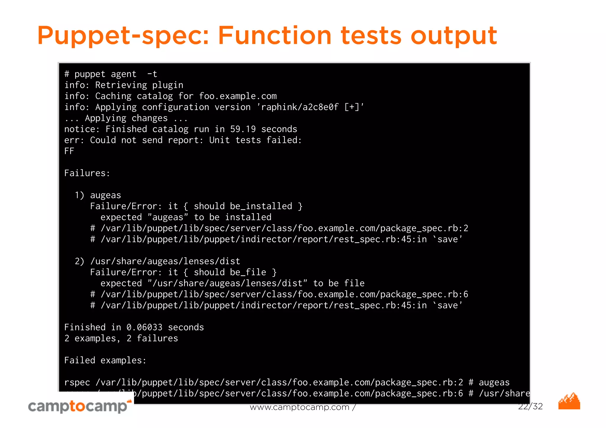 Puppet-spec: Function tests output 
# puppet agent -t 
info: Retrieving plugin 
info: Caching catalog for foo.example.com 
info: Applying configuration version 'raphink/a2c8e0f [+]' 
... Applying changes ... 
notice: Finished catalog run in 59.19 seconds 
err: Could not send report: Unit tests failed: 
FF 
Failures: 
1) augeas 
Failure/Error: it { should be_installed } 
expected "augeas" to be installed 
# /var/lib/puppet/lib/spec/server/class/foo.example.com/package_spec.rb:2 
# /var/lib/puppet/lib/puppet/indirector/report/rest_spec.rb:45:in `save' 
2) /usr/share/augeas/lenses/dist 
Failure/Error: it { should be_file } 
expected "/usr/share/augeas/lenses/dist" to be file 
# /var/lib/puppet/lib/spec/server/class/foo.example.com/package_spec.rb:6 
# /var/lib/puppet/lib/puppet/indirector/report/rest_spec.rb:45:in `save' 
Finished in 0.06033 seconds 
2 examples, 2 failures 
Failed examples: 
rspec /var/lib/puppet/lib/spec/server/class/foo.example.com/package_spec.rb:2 # augeas 
rspec /var/lib/puppet/lib/spec/server/class/foo.example.com/package_spec.rb:6 # /usr/share/augeas/lenses/www.camptocamp.com / 22/32 
 