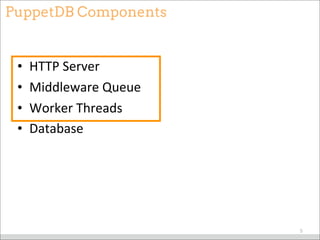 PuppetDB Components
• HTTP	
  Server
• Middleware	
  Queue
• Worker	
  Threads
• Database
5
 