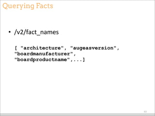 Querying Facts
• /v2/fact_names
[ "architecture", "augeasversion",
"boardmanufacturer",
"boardproductname",...]
63
 