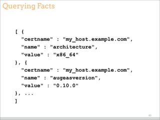 Querying Facts
[ {
"certname" : "my_host.example.com",
"name" : "architecture",
"value" : "x86_64"
}, {
"certname" : "my_host.example.com",
"name" : "augeasversion",
"value" : "0.10.0"
}, ...
]
65
 