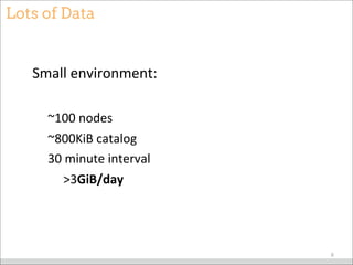 Lots of Data
Small	
  environment:
~100	
  nodes
~800KiB	
  catalog
30	
  minute	
  interval
	
  	
  	
  	
  	
  >3GiB/day
8
 
