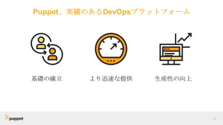 Puppet、実績のあるDevOpsプラットフォーム
36
基礎の確立 より迅速な提供 生産性の向上
 