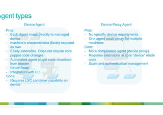 Device Agent
Pros:
-  Each Agent maps directly to managed
Master
device
-  machine’s characteristics (facts) exposed
as own
-  Easily extensible. Does not require core
puppet code changes
-  Automated agent plugin code download
Agent
Agent
from master
OnePK
OnePK
-  Better Scale
-  Integration with CLI
Cons:
-  Requires LXC container capability on
Linux
device container(s) on NXOS

© 2012 Cisco and/or its affiliates. All rights reserved.

Device Proxy Agent
Pros:
-  No specific device requirements
Master
-  One agent could proxy for multiple
machines
Cons:
-  More complicated agent (device proxy).
Device
Proxy
-  Requires extensions in core “device” mode
Agent
code
-  Scale and authentication management
SSH,
OnePK

15

 