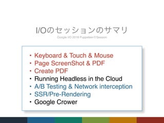 Google I/O 2018 Puppeteer Session
I/O
• Keyboard & Touch & Mouse
• Page ScreenShot & PDF
• Create PDF
• Running Headless in the Cloud
• A/B Testing & Network interception
• SSR/Pre-Rendering
• Google Crower
 