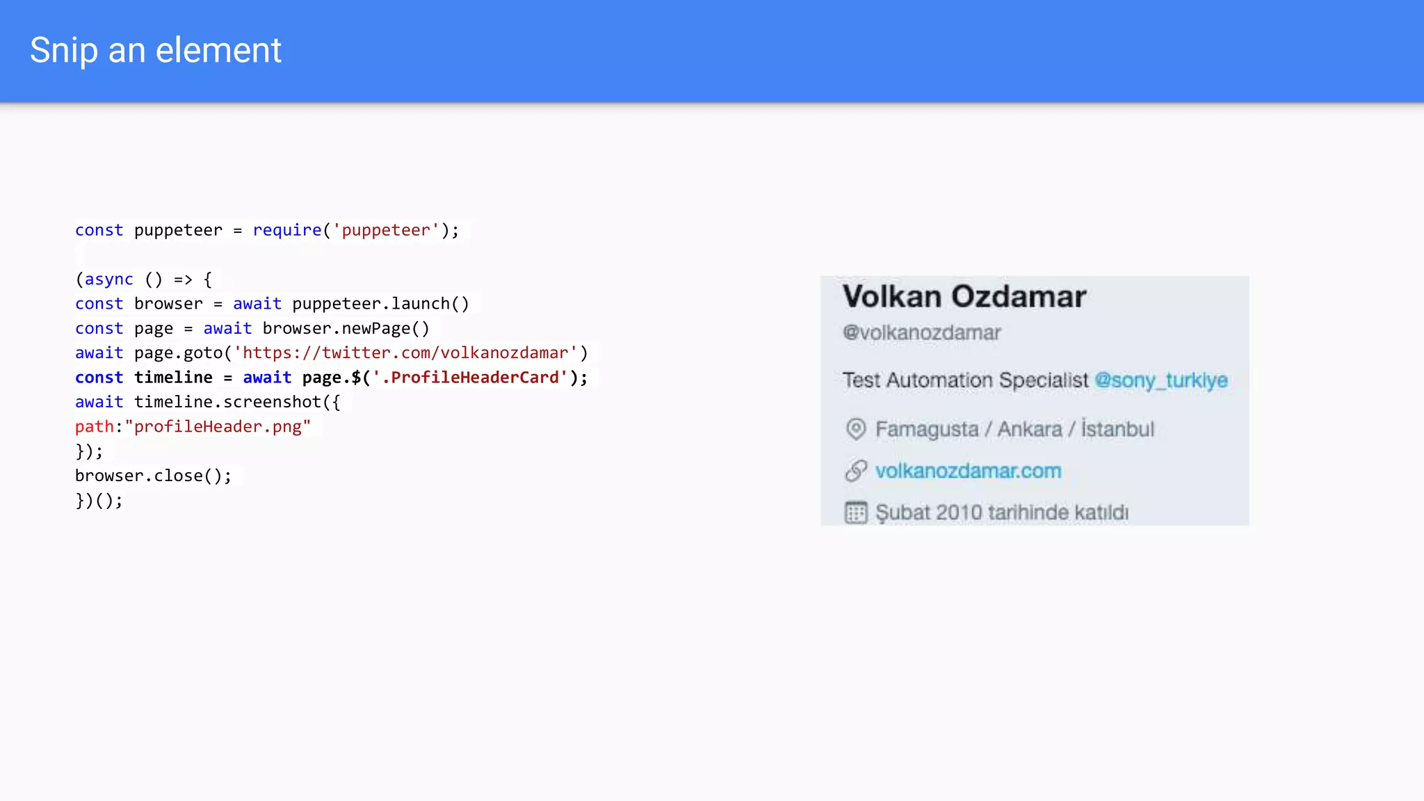 Snip an element
const puppeteer = require('puppeteer');
(async () => {
const browser = await puppeteer.launch()
const page = await browser.newPage()
await page.goto('https://twitter.com/volkanozdamar')
const timeline = await page.$('.ProfileHeaderCard');
await timeline.screenshot({
path:"profileHeader.png"
});
browser.close();
})();
 