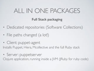 ALL IN ONE PACKAGES
• Dedicated repositories (Software Collections)
• File paths changed (a lot!)
• Client: puppet-agent
Installs Puppet, Hiera, Mcollective and the full Ruby stack
• Server: puppetserver
Clojure application, running inside a JVM (JRuby for ruby code)
Full Stack packaging
 