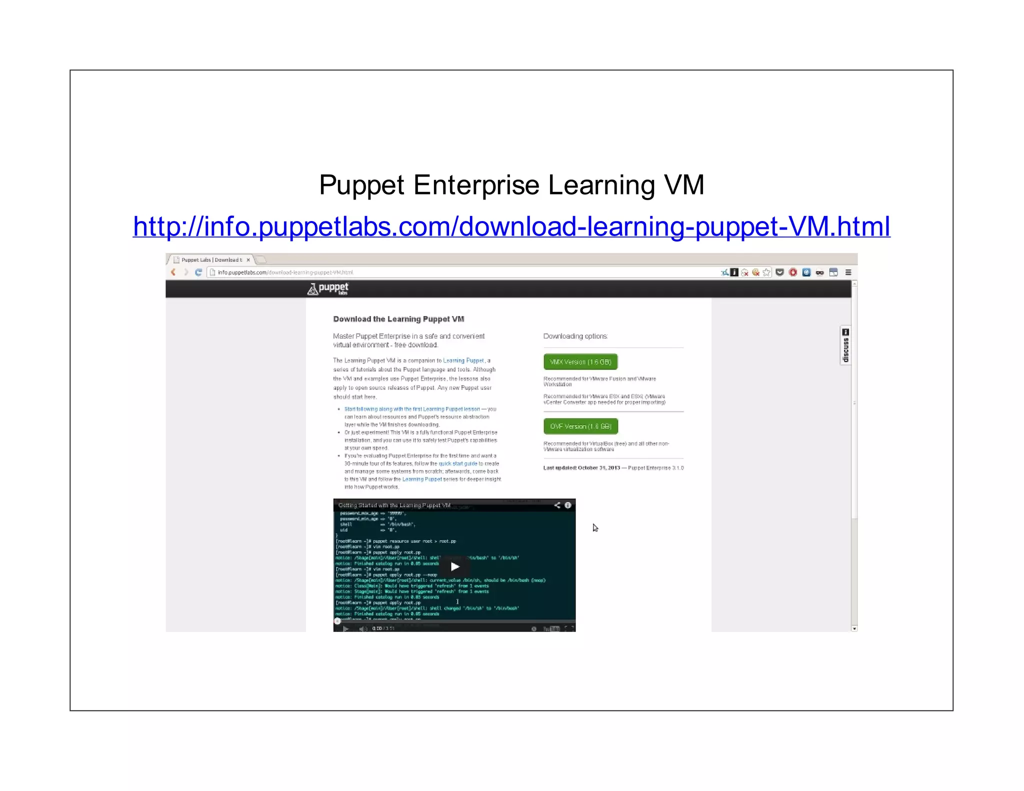 Puppet Enterprise Learning VM
http://info.puppetlabs.com/download-learning-puppet-VM.html

 