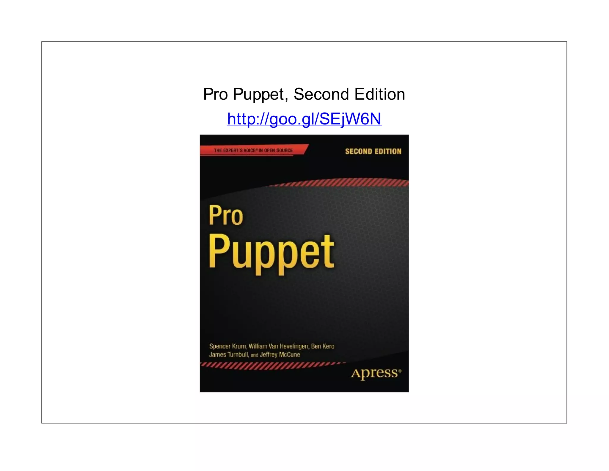 Pro Puppet, Second Edition
http://goo.gl/SEjW6N

 