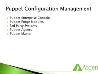  Puppet Enterprise Console
 Puppet Forge Modules
 3rd Party Systems
 Puppet Agents
 Puppet Master
 
