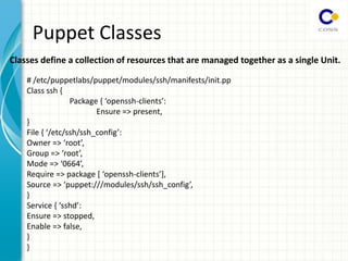 Puppet Classes
Classes define a collection of resources that are managed together as a single Unit.
# /etc/puppetlabs/puppet/modules/ssh/manifests/init.pp
Class ssh {
Pa kage { openssh- lie ts :
Ensure => present,
}
File { /et /ssh/ssh_config :
O e => oot ,
G oup => oot ,
Mode => ,
‘e ui e => pa kage [ openssh- lie ts ],
“ou e => puppet:/// odules/ssh/ssh_ o fig ,
}
“e i e { sshd :
Ensure => stopped,
Enable => false,
}
}
 