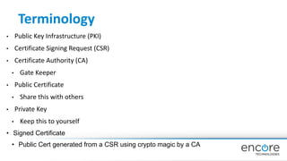 Terminology
• Public Key Infrastructure (PKI)
• Certificate Signing Request (CSR)
• Certificate Authority (CA)
• Gate Keeper
• Public Certificate
• Share this with others
• Private Key
• Keep this to yourself
• Signed Certificate
• Public Cert generated from a CSR using crypto magic by a CA
 
