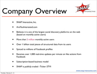 Company Overview
                     •      SNAP Interactive, Inc.

                     •      AreYouInterested.com

                     •      Believes it is one of the largest social discovery platforms on the web
                            (based on monthly active users)

                     •      More than 5 million monthly active users

                     •      Over 1 billion total pieces of structured data from its users

                     •      Synced to millions of Facebook proﬁles

                     •      Receives over 1,000 real-time updates per minute on like actions from
                            Facebook

                     •      Subscription-based business model

                     •      SNAP is publicly traded - Ticker: STVI
                                                                                              www.snap-interactive.com
Thursday, February 21, 13
 