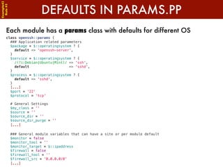 Example42


                      DEFAULTS IN PARAMS.PP
 Rule #3




      Each module has a params class with defaults for different OS
      class openssh::params {
        ### Application related parameters
        $package = $::operatingsystem ? {
          default => 'openssh-server',
        }
        $service = $::operatingsystem ? {
          /(?i:Debian|Ubuntu|Mint)/ => 'ssh',
          default                   => 'sshd',
        }
        $process = $::operatingsystem ? {
          default => 'sshd',
        }
        [...]
        $port = '22'
        $protocol = 'tcp'

        # General Settings
        $my_class = ''
        $source = ''
        $source_dir = ''
        $source_dir_purge = ''
        [...]

        ### General module variables that can have a site or per module default
        $monitor = false
        $monitor_tool = ''
        $monitor_target = $::ipaddress
        $firewall = false
        $firewall_tool = ''
        $firewall_src = '0.0.0.0/0'
        [...]
 