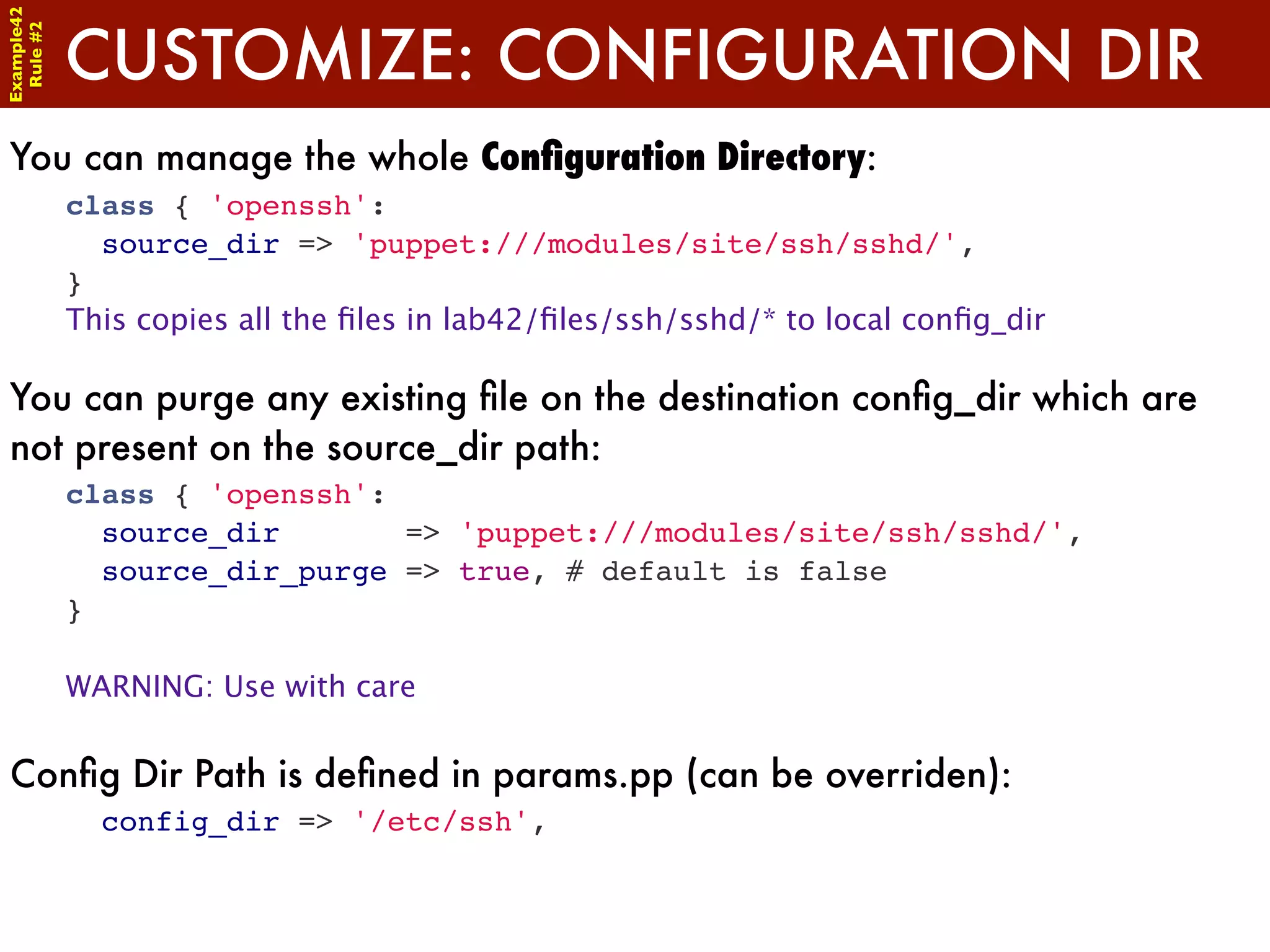 Example42


            CUSTOMIZE: CONFIGURATION DIR
 Rule #2




You can manage the whole Conﬁguration Directory:
            class { 'openssh':
              source_dir => 'puppet:///modules/site/ssh/sshd/',
            }
            This copies all the ﬁles in lab42/ﬁles/ssh/sshd/* to local conﬁg_dir

You can purge any existing ﬁle on the destination conﬁg_dir which are
not present on the source_dir path:
            class { 'openssh':
              source_dir       => 'puppet:///modules/site/ssh/sshd/',
              source_dir_purge => true, # default is false
            }

            WARNING: Use with care


Conﬁg Dir Path is deﬁned in params.pp (can be overriden):
              config_dir => '/etc/ssh',
 