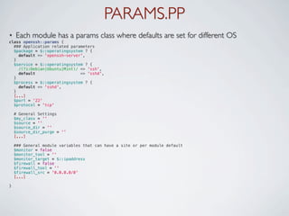 PARAMS.PP
•   Each module has a params class where defaults are set for different OS
class openssh::params {
  ### Application related parameters
  $package = $::operatingsystem ? {
    default => 'openssh-server',
  }
  $service = $::operatingsystem ? {
    /(?i:Debian|Ubuntu|Mint)/ => 'ssh',
    default                   => 'sshd',
  }
  $process = $::operatingsystem ? {
    default => 'sshd',
  }
  [...]
  $port = '22'
  $protocol = 'tcp'

  # General Settings
  $my_class = ''
  $source = ''
  $source_dir = ''
  $source_dir_purge = ''
  [...]

  ### General module variables that can have a site or per module default
  $monitor = false
  $monitor_tool = ''
  $monitor_target = $::ipaddress
  $firewall = false
  $firewall_tool = ''
  $firewall_src = '0.0.0.0/0'
  [...]

}
 