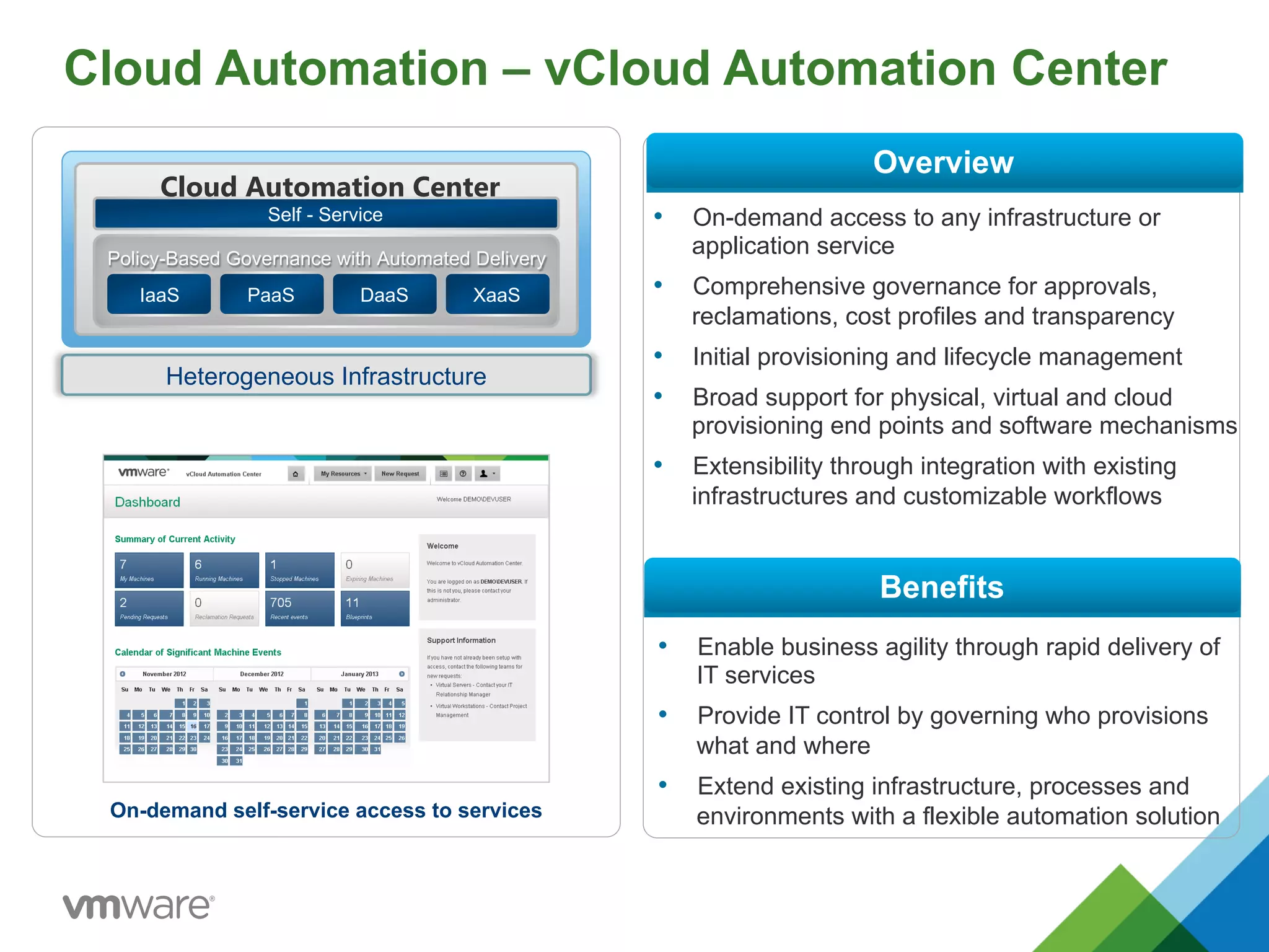 Cloud Automation – vCloud Automation Center
•  On-demand access to any infrastructure or
application service
•  Comprehensive governance for approvals,
reclamations, cost profiles and transparency
•  Initial provisioning and lifecycle management
•  Broad support for physical, virtual and cloud
provisioning end points and software mechanisms
•  Extensibility through integration with existing
infrastructures and customizable workflows
•  Enable business agility through rapid delivery of
IT services
•  Provide IT control by governing who provisions
what and where
•  Extend existing infrastructure, processes and
environments with a flexible automation solution
Benefits
Overview
Self - Service
IaaS PaaS DaaS XaaS
Cloud Automation Center
Heterogeneous Infrastructure
Policy-Based Governance with Automated Delivery
On-demand self-service access to services
 
