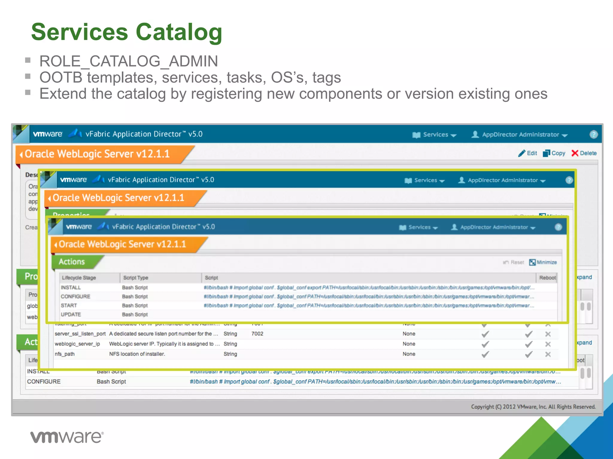 Services Catalog
§  ROLE_CATALOG_ADMIN
§  OOTB templates, services, tasks, OS’s, tags
§  Extend the catalog by registering new components or version existing ones
p.71
 