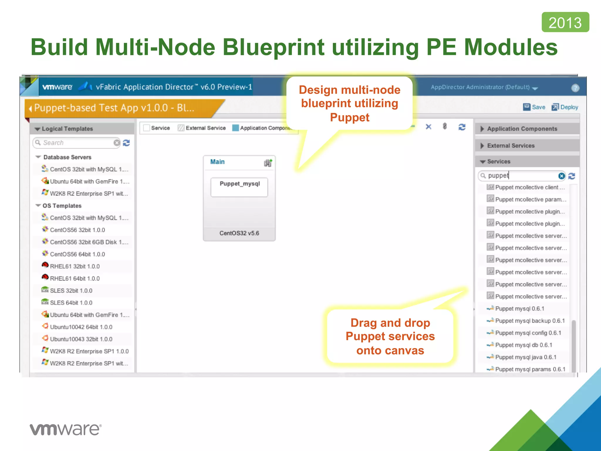 Build Multi-Node Blueprint utilizing PE Modules
2013
Import Puppet
modules and
classes as services
Design multi-node
blueprint utilizing
Puppet
Drag and drop
Puppet services
onto canvas
 