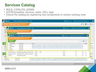 Services Catalog
§  ROLE_CATALOG_ADMIN
§  OOTB templates, services, tasks, OS’s, tags
§  Extend the catalog by registering new components or version existing ones
p.71
 