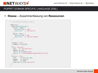 www.netways.de // blog.netways.de // @netways
We love Open Source
PUPPET DOMAIN SPECIFIC LANGUAGE (DSL)
￭ Klasse – Zusammenfassung von Ressourcen
 