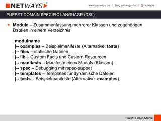 www.netways.de // blog.netways.de // @netways
We love Open Source
PUPPET DOMAIN SPECIFIC LANGUAGE (DSL)
￭ Module – Zusammenfassung mehrerer Klassen und zugehörigen
Dateien in einem Verzeichnis
modulname
|-- examples – Beispielmanifeste (Alternative: tests)
|-- files – statische Dateien
|-- lib – Custom Facts und Custom Resourcen
|-- manifests – Manifeste eines Moduls (Klassen)
|-- spec – Debugging mit rspec-puppet
|-- templates – Templates für dynamische Dateien
|-- tests – Beispielmanifeste (Alternative: examples)
 