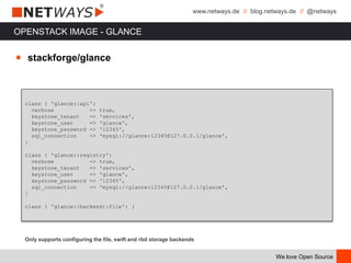 www.netways.de // blog.netways.de // @netways
We love Open Source
OPENSTACK IMAGE - GLANCE
￭ stackforge/glance
class { 'glance::api':
verbose => true,
keystone_tenant => 'services',
keystone_user => 'glance',
keystone_password => '12345',
sql_connection => 'mysql://glance:12345@127.0.0.1/glance',
}
class { 'glance::registry':
verbose => true,
keystone_tenant => 'services',
keystone_user => 'glance',
keystone_password => '12345',
sql_connection => 'mysql://glance:12345@127.0.0.1/glance',
}
class { 'glance::backend::file': }
Only supports configuring the file, swift and rbd storage backends
 