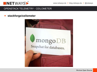 www.netways.de // blog.netways.de // @netways
We love Open Source
OPENSTACK TELEMETRY - CEILOMETER
￭ stackforge/ceilometer
 