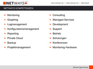 www.netways.de // blog.netways.de // @netways
We love Open Source
NETWAYS KOMPETENZEN
￭ Monitoring
￭ Graphing
￭ Logmanagement
￭ Konfigurationsmanagement
￭ Reporting
￭ Private Cloud
￭ Backup
￭ Projektmanagement
￭ Consulting
￭ Managed Services
￭ Development
￭ Support
￭ Betrieb
￭ Schulungen
￭ Konferenzen
￭ Monitoring Hardware
 