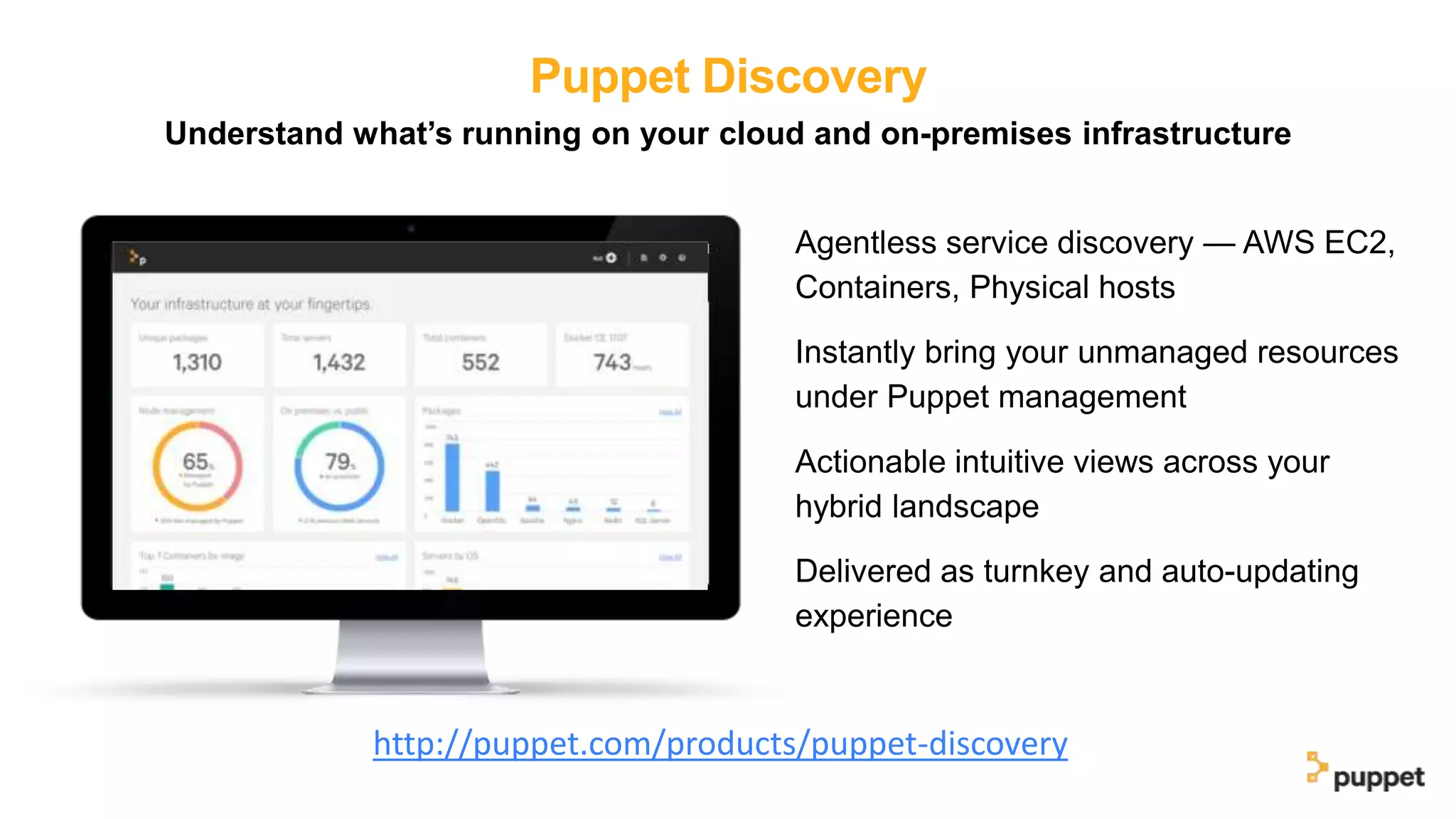 Puppet Discovery
Understand what’s running on your cloud and on-premises infrastructure
http://puppet.com/products/puppet-discovery
▪ Agentless service discovery — AWS EC2,
Containers, Physical hosts
▪ Instantly bring your unmanaged resources
under Puppet management
▪ Actionable intuitive views across your
hybrid landscape
▪ Delivered as turnkey and auto-updating
experience
 