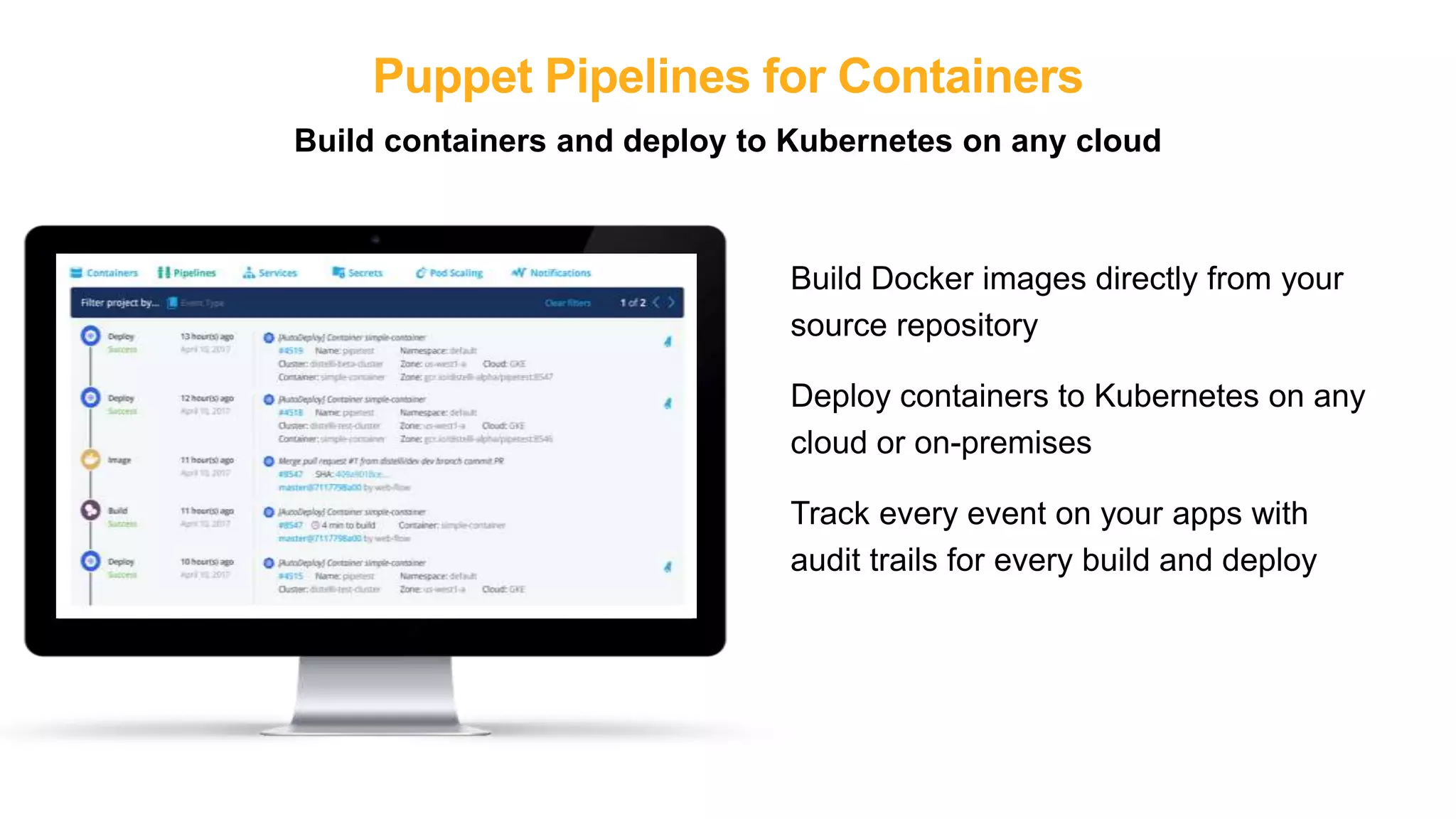 Puppet Pipelines for Containers
Build containers and deploy to Kubernetes on any cloud
Build Docker images directly from your
source repository
Deploy containers to Kubernetes on any
cloud or on-premises
Track every event on your apps with
audit trails for every build and deploy
 