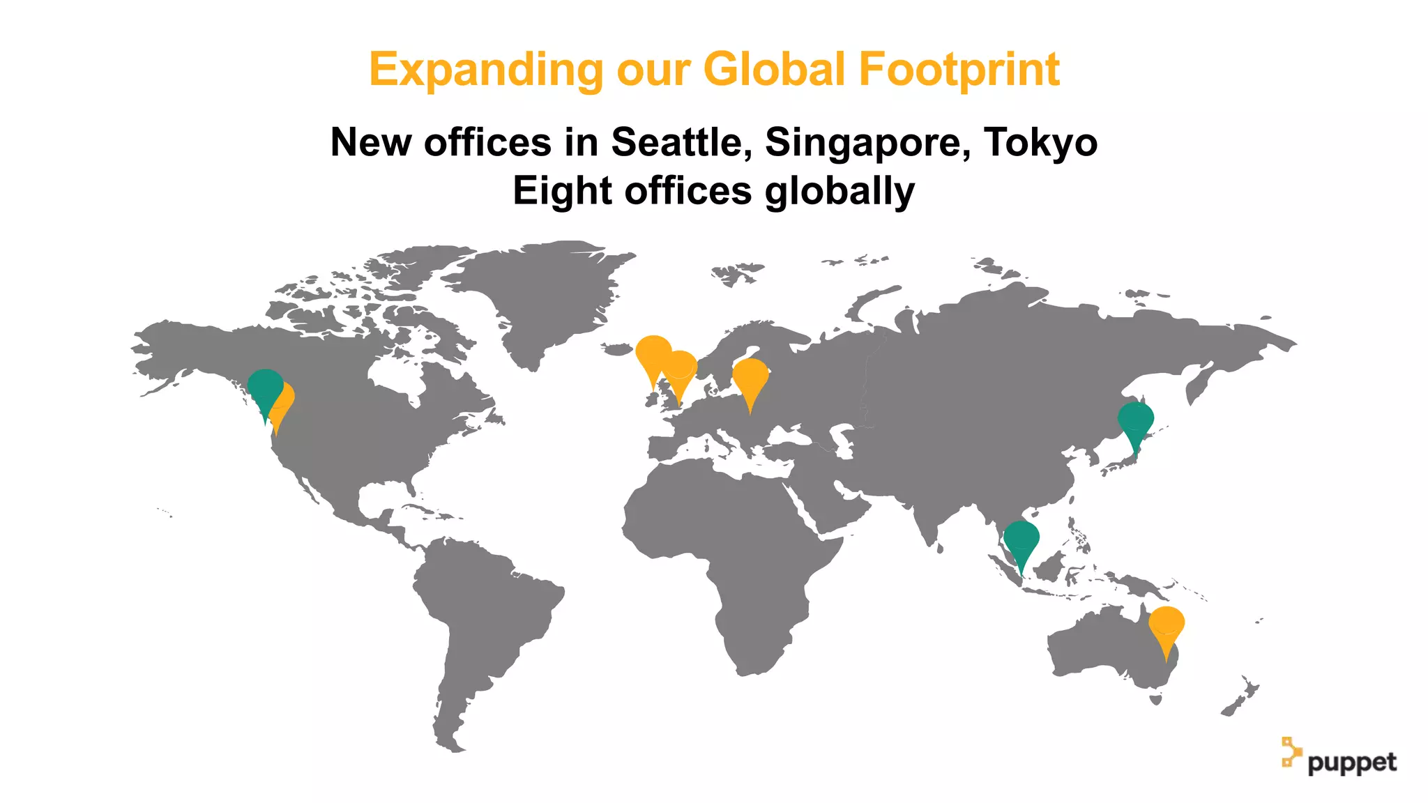 Expanding our Global Footprint
New offices in Seattle, Singapore, Tokyo
Eight offices globally
 