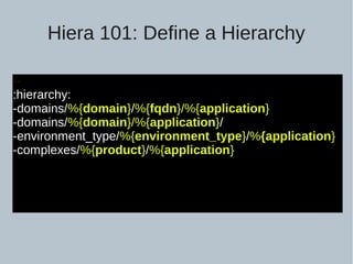 Hiera 101: Define a Hierarchy
--
:hierarchy:
-domains/%{domain}/%{fqdn}/%{application}
-domains/%{domain}/%{application}/
-environment_type/%{environment_type}/%{application}
-complexes/%{product}/%{application}
 