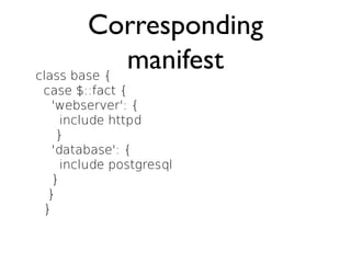 Corresponding
class base {
             manifest
case $::fact {
  'webserver': {
    include httpd
   }
  'database': {
    include postgresql
  }
 }
}
 