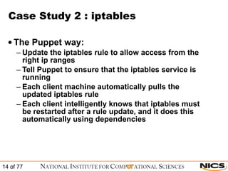 Case Study 2 : iptables The Puppet way: Update the iptables rule to allow access from the right ip ranges Tell Puppet to ensure that the iptables service is running Each client machine automatically pulls the updated iptables rule Each client intelligently knows that iptables must be restarted after a rule update, and it does this automatically using dependencies 
