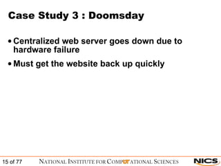 Case Study 3 : Doomsday Centralized web server goes down due to hardware failure Must get the website back up quickly 