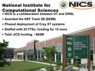 National Institute for  Computational Sciences NICS is a collaboration between UT and ORNL Awarded the NSF Track 2B ($65M) Phased deployment of Cray XT systems Staffed with 25 FTEs, funding for 15 more Total JICS funding  ~$92M 